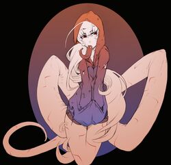  1girl ad-6-0001a alien bangs black_background commentary english_commentary eyebrows_visible_through_hair hands_in_pockets hood hood_up hoodie hushabye long_hair long_tail long_tongue looking_at_viewer monster_girl project_a.d.a. red_eyes simple_background solo tail tongue tongue_out torn_clothes torn_hoodie very_long_hair very_long_tail white_hair white_skin 