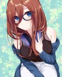  1girl 52_shi_3 absurdres bangs bare_shoulders black_tank_top blue_eyes blue_sweater breasts brown_hair glasses go-toubun_no_hanayome hair_between_eyes headphones headphones_around_neck highres large_breasts long_hair looking_at_viewer nakano_miku off_shoulder sweater tank_top 