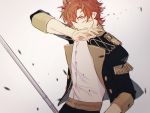  1boy blood epaulettes fire_emblem fire_emblem:_three_houses garreg_mach_monastery_uniform grey_background injury orange_eyes orange_hair polearm solo spear sylvain_jose_gautier tokikayu upper_body weapon 