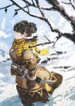  1girl bare_tree belt brown_hair commentary_request cross-laced_clothes eyebrows_visible_through_hair gloves highres jewelry jun_(seojh1029) looking_at_viewer necklace original scarf sheath sheathed short_ponytail snow sword tree walking weapon winter winter_clothes 