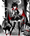  1girl animal_ears bangs bat black_cat black_hair cat cat_ears crescent_moon crossed_bangs demon_tail flower frilled_skirt frills ghost gothic hair_between_eyes halloween highres jack-o&#039;-lantern jewelry looking_at_viewer low_wings moon necklace original red_eyes rose sheya short_hair signature skirt solo spot_color tail thigh-highs wings 