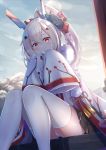  1girl alternate_costume ayanami_(azur_lane) azur_lane bandaid_on_arm black_skirt blonde_hair blush breath clouds cloudy_sky crown dawn eyebrows_visible_through_hair f_(milfaaaaa) hair_between_eyes headgear high_ponytail highres japanese_clothes kimono light_brown_hair long_sleeves looking_at_viewer mini_crown orange_eyes outdoors panties pantyshot pantyshot_(sitting) ponytail red_eyes shrine sitting skirt sky solo stairs sunlight thigh-highs torii underwear white_legwear white_panties wide_sleeves zettai_ryouiki 