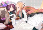  2girls abigail_williams_(fate/grand_order) artist_request bangs black_dress blonde_hair blue_eyes broom brown_jacket commentary_request dress fate/grand_order fate_(series) hair_bun hair_ornament holding holding_plate jacket katsushika_hokusai_(fate/grand_order) keyhole long_hair looking_at_viewer maid multiple_girls octopus parted_bangs plate purple_hair short_hair sleeves_past_fingers sleeves_past_wrists violet_eyes 