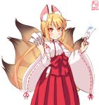  1girl alternate_costume animal_ears artist_logo blonde_hair commentary_request cosplay cowboy_shot dated fox_ears fox_tail hakama highres japanese_clothes kanon_(kurogane_knights) kantai_collection long_hair looking_at_viewer miko multiple_tails ofuda red_hakama ribbon-trimmed_sleeves ribbon_trim satsuki_(kantai_collection) simple_background smile solo tail twintails white_background wide_sleeves yellow_eyes 