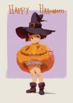  1girl alkemanubis bloomers blush boots border brown_hair english_commentary green_eyes hair_ornament hairclip halloween happy_halloween hat highres jack-o&#039;-lantern looking_at_viewer original short_hair smile solo standing two-tone_background underwear white_border witch_hat 