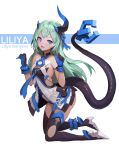  1girl bare_shoulders black_gloves blue_eyes blue_gloves breasts commentary_request from_side gloves green_hair hair_between_eyes highres honkai_(series) honkai_impact_3rd kneeling liliya_olyenyey long_hair looking_at_viewer rainmood small_breasts solo tail thigh-highs two-tone_gloves 