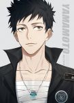  1boy 954740837 bandages black_hair brown_eyes character_name closed_mouth collar collarbone grey_background jewelry katekyo_hitman_reborn looking_up male_focus necklace open_clothes ring short_hair simple_background solo spiky_hair upper_body yamamoto_takeshi 