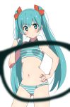  1girl aqua_eyes aqua_hair bangs blush bra cowboy_shot glasses hair_ribbon hand_on_hip hatsune_miku highres long_hair looking_at_viewer navel panties ribbon simple_background solo striped striped_bra striped_panties tshangen131 twintails underwear very_long_hair vocaloid white_background x-ray_glasses x-ray_vision 