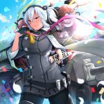  1girl black_legwear blue_sky blush breasts cannon cape cartridge clouds confetti dark_skin day double-breasted floating_hair glasses glint gloves grey_cape grey_jacket grey_nails hair_ribbon headgear highres holding jacket kantai_collection large_breasts light_particles long_hair machinery miniskirt musashi_(kantai_collection) outdoors partly_fingerless_gloves red_eyes remodel_(kantai_collection) ribbon rigging shell_casing skirt sky sleeve_cuffs smokestack standing turret twintails wind yunamaro 
