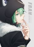  1boy 954740837 animal_hat black_headwear character_name facial_mark fran_(reborn) frog_hat fur_collar fur_trim green_eyes green_hair grey_background hand_to_own_mouth hat katekyo_hitman_reborn long_hair looking_at_viewer male_focus parted_lips short_hair sidelocks simple_background solo upper_body 