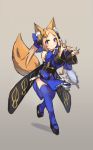  1girl abigail_williams_(fate/grand_order) animal_ear_fluff animal_ears bangs black_bow blonde_hair blue_eyes blue_kimono blue_legwear bow cosplay fate/extra fate/grand_order fate_(series) fox_ears fox_shadow_puppet fox_tail full_body grey_background hair_bow highres japanese_clothes kimono long_hair looking_at_viewer mirror miya_(pixiv15283026) orange_bow parted_bangs simple_background sketch solo tail tamamo_(fate)_(all) tamamo_no_mae_(fate) tamamo_no_mae_(fate)_(cosplay) thigh-highs 