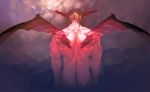  1boy arms_at_sides brown_hair clouds demon_wings face_down facing_away from_behind horns long_hair male_focus muscle nowaki_nakasane original red_theme solo tail transparent_wings wings 