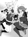  3girls =_= bacius closed_eyes commentary_request fang fubuki_(kantai_collection) greyscale hair_flaps hair_ornament hair_ribbon hairclip highres jacket jumping kantai_collection kneehighs loafers long_hair looking_at_viewer low_ponytail monochrome multiple_girls mutsuki_(kantai_collection) neckerchief one_eye_closed pantyhose pleated_skirt poi ponytail remodel_(kantai_collection) ribbon sailor_collar scarf school_uniform serafuku shoes short_hair short_ponytail sidelocks skirt smile yuudachi_(kantai_collection) 