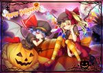  2girls :d ascot bangs bat_wings black_headwear black_shirt blue_hair border chima_q commentary_request crystal dress eyebrows_visible_through_hair fang fang_out flandre_scarlet hair_between_eyes halloween hand_on_own_cheek hand_up happy_halloween hat hat_ribbon highres holding jack-o&#039;-lantern laevatein looking_at_viewer mary_janes mob_cap multiple_girls one_side_up open_mouth orange_legwear orange_skirt panties pantyshot pantyshot_(sitting) puffy_short_sleeves puffy_sleeves red_dress red_eyes red_footwear red_ribbon remilia_scarlet ribbon shirt shoes short_dress short_hair short_sleeves siblings sisters sitting skirt smile striped striped_legwear touhou underwear wings wrist_cuffs yellow_neckwear 