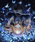  1boy abandon_ranka belt black_legwear blonde_hair blue_eyes blue_flower blurry blurry_background bug butterfly dress flower highres insect lying male_focus midare_toushirou necktie on_back otoko_no_ko parted_lips sparkle thigh-highs touken_ranbu 