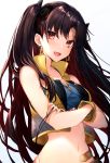  1girl brown_hair cropped_vest crossed_arms earrings fate/grand_order fate_(series) hakuishi_aoi hoop_earrings jewelry long_hair looking_at_viewer midriff navel open_mouth portrait red_eyes simple_background solo space_ishtar_(fate) two_side_up white_background 