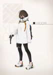  1girl ahoge armor backpack bag beige_background black_legwear brown_hair covering_mouth gun handgun highres holding holding_gun holding_weapon holster japanese_armor looking_at_viewer mask menpoo orange_eyes original ribbed_sweater shirt shoes short_hair simple_background sneakers suppressor sweater t-naka-s-12 thigh_holster weapon white_shirt 