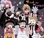  2girls 5boys animal_costume animal_ears black_hair blonde_hair blue_eyes blue_hair brown_hair candy cape claw_pose emphasis_lines food gloves halloween halloween_basket halloween_costume hat hayner headband hifumi_(aiueonigiri) horns isa_(kingdom_hearts) jack-o&#039;-lantern kingdom_hearts kingdom_hearts_iii lea_(kingdom_hearts) looking_at_viewer mask mask_on_head mask_over_one_eye multiple_boys multiple_girls mummy_costume neck_ribbon olette open_mouth pence redhead ribbon roxas scarf shaded_face smile star tail trick_or_treat vampire_costume vest witch_costume witch_hat wolf_costume wolf_ears wolf_tail xion_(kingdom_hearts) 