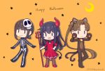  3girls akatsuki_(kantai_collection) alternate_costume animal_costume animal_ears ayanami_(kantai_collection) black_hair brown_eyes brown_hair brown_legwear cat_costume cat_ears cat_tail commentary_request demon_costume demon_horns demon_tail dress fubuki_(kantai_collection) green_eyes halloween horns kantai_collection long_hair low_ponytail multiple_girls nakaaki_masashi open_mouth orange_background pantyhose polearm ponytail red_dress short_ponytail side_ponytail sidelocks skeleton_costume star starry_background tail trident violet_eyes weapon 