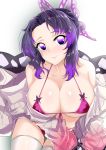  1girl absurdres animal_print bangs black_hair breasts butterfly_hair_ornament butterfly_print hair_ornament haori highres japanese_clothes kimetsu_no_yaiba kochou_shinobu large_breasts lfafa looking_at_viewer multicolored_hair parted_bangs purple_hair solo string_bikini swimsuit thigh-highs two-tone_hair violet_eyes white_legwear 