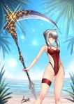  1girl adsouto ahoge artist_name bangs beach blue_eyes braid braided_bun breasts casual_one-piece_swimsuit closed_mouth collarbone covered_nipples day fate_(series) gray_(lord_el-melloi_ii) highleg highleg_swimsuit highres holding holding_scythe looking_at_viewer lord_el-melloi_ii_case_files ocean one-piece_swimsuit outdoors palm_tree red_swimsuit scythe shiny shiny_hair short_hair_with_long_locks signature silver_hair small_breasts smile solo sparkle standing swimsuit thigh_strap tree 