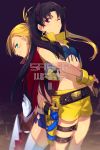  2girls back-to-back black_hair blonde_hair blue_shorts blush calamity_jane_(fate/grand_order) cis05 closed_mouth commentary_request earrings eyebrows_visible_through_hair fate/grand_order fate_(series) fingerless_gloves gloves green_eyes gun hoop_earrings ishtar_(fate/grand_order) jewelry katana long_hair looking_at_viewer multicolored_hair multiple_girls one_eye_closed ponytail red_eyes redhead short_shorts shorts smile space_ishtar_(fate) star_tattoo sword tattoo toosaka_rin twintails two-tone_hair vest weapon yellow_gloves yellow_shorts yellow_vest 