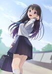  1girl adjusting_hair bag bangs black_hair black_sailor_collar black_skirt blouse blue_neckerchief blue_sky blurry blurry_background breasts chitanda_eru clouds commentary day depth_of_field dutch_angle hand_in_own_hair hand_up highres holding holding_bag hyouka kamille_(vcx68) kamiyama_high_school_uniform kneehighs long_hair long_sleeves looking_at_viewer medium_breasts miniskirt neckerchief open_mouth outdoors pleated_skirt sailor_collar school_bag school_uniform serafuku shirt skirt sky smile socks solo standing straight_hair thighs violet_eyes white_shirt white_socks 