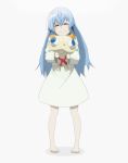  1girl bangs barefoot blue_hair blush closed_eyes closed_mouth dress eyebrows_visible_through_hair facing_viewer full_body hair_between_eyes hug kiznaiver kontanro long_hair long_sleeves object_hug simple_background smile solo sonozaki_noriko standing white_background white_dress younger 