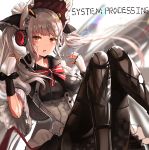  1girl absurdres bangs black_legwear breasts doll_joints dungeon_and_fighter frills highres knees_up liaowen lolita_fashion long_hair looking_at_viewer medium_breasts red_eyes red_ribbon ribbon silver_hair silver_luster_tagore sitting solo twintails very_long_hair wide_sleeves 