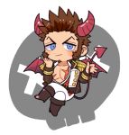  1boy blue_eyes brown_hair chest chibi demon_horns demon_tail demon_wings epaulettes facial_hair fate/grand_order fate_(series) halloween halloween_costume horns long_sleeves looking_at_viewer male_focus muscle napoleon_bonaparte_(fate/grand_order) open_clothes pants pectorals scar shitappa simple_background smile solo tail uniform wings 