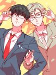  2boys adjusting_eyewear aihara_(ihara113o) asamiya_tasuku black_hair closed_mouth formal glasses highres kanzaki_shuuji locked_arms looking_at_viewer male_focus multiple_boys necktie red_neckwear simple_background suit upper_body warahibi! wrapped_candy yellow_background 