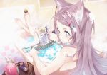  1girl animal_ears bare_shoulders bathing bathtub blue_eyes blush braid bubble commentary_request furisuku hair_ornament hairclip long_hair looking_at_viewer original purple_hair purple_nails sitting smile solo star star-shaped_pupils symbol-shaped_pupils tablet_pc virtual_youtuber 