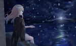  black_coat blue_eyes breasts clouds cloudy_sky hands highres large_breasts lighthouse long_hair lux_(pixiv4480548) moon night night_sky ocean shirt silver_hair sitting sky snow warship_girls_r 