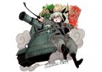  anchovy anzio_military_uniform artist_name bangs belt black_neckwear black_ribbon boots carro_armato_p40 character_name commentary_request dated drill_hair english_text eyebrows_visible_through_hair flag_background floating girls_und_panzer green_hair grey_pants ground_vehicle hair_ribbon happy_birthday holding italian_flag knee_boots long_hair military military_vehicle motor_vehicle necktie open_mouth pants pointing red_eyes ribbon riding_crop sam_browne_belt signature smirk smoke sparkle tank tsukasa-emon twin_drills twintails twitter_username 