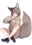  1girl animal_ear_fluff animal_ears bare_legs black_footwear brown_eyes brown_hair commentary_request cutoffs denim denim_shorts drawstring fang fox_ears fox_girl fox_tail hood hood_down hoodie indian_style long_sleeves looking_at_viewer open_mouth original shoes short_hair short_shorts shorts shugao simple_background sitting smile sneakers solo tail tail_raised thighs white_background 