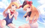  2girls :d black_capelet black_headwear black_school_swimsuit blonde_hair blue_eyes blue_sky blush bow bowtie capelet clouds commentary_request day dutch_angle eyebrows_visible_through_hair fairy_wings hat hat_bow highres lily_black lily_white long_hair looking_at_viewer lzh multiple_girls open_mouth outdoors red_bow red_eyes school_swimsuit sitting sky smile swimsuit touhou v-shaped_eyebrows water white_capelet white_headwear white_school_swimsuit white_swimsuit wings 