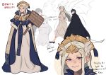  1boy 1girl absurdres black_hair blonde_hair closed_mouth cosplay crown dress edelgard_von_hresvelg fire_emblem fire_emblem:_three_houses flower from_side funyanrinpa hair_flower hair_ornament halloween_costume highres holding holding_sign hubert_von_vestra long_hair long_sleeves parted_lips rhea_(fire_emblem) rhea_(fire_emblem)_(cosplay) short_hair sign spoilers tiara violet_eyes 