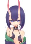  1girl absurdres bare_shoulders fang fate/grand_order fate_(series) flat_chest highres horns looking_at_viewer oniku_(pixiv_28205308) open_mouth purple_hair short_hair shuten_douji_(fate/grand_order) simple_background solo upper_body violet_eyes white_background 