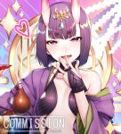  1girl absurdres bangs bare_shoulders blush bob_cut breasts bridal_gauntlets collarbone cup eyeliner fangs fate/grand_order fate_(series) gourd headpiece highres horns japanese_clothes kimono long_sleeves looking_at_viewer makeup off_shoulder oni oni_horns open_clothes open_kimono open_mouth purple_hair purple_kimono revealing_clothes sakazuki short_eyebrows short_hair shuten_douji_(fate/grand_order) small_breasts smile solo sparkle violet_eyes wide_sleeves yakimi_27 