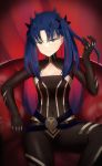  &gt;:( 1girl belt black_bodysuit black_bow black_gloves blue_eyes blue_hair blush bodysuit bow cleavage_cutout closed_mouth commentary_request covered_navel fate/grand_order fate_(series) flat_chest gloves gradient_hair hair_bow hand_in_hair highres horns ishtar_(fate/grand_order) long_hair looking_at_viewer multicolored_hair nestea pink_hair redhead sitting skin_tight solo space_ishtar_(fate) streaked_hair two_side_up v-shaped_eyebrows very_long_hair 