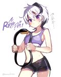  1girl :&lt; black_shorts blush closed_mouth commentary cowboy_shot english_text exercise floral_print flower_(vocaloid) highres holding joy-con midriff multicolored_hair nou purple_hair purple_sports_bra ring-con ring_fit_adventure short_hair short_shorts shorts solo sports_bra streaked_hair sweat translated twitter_username v-shaped_eyebrows v_flower_(vocaloid4) violet_eyes vocaloid white_background white_hair 