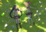  2girls :d akemi_homura black_hair black_hairband black_legwear black_skirt blurry blurry_foreground bokeh braid breasts daisy dappled_sunlight day depth_of_field eyebrows_visible_through_hair field flower flower_field from_above full_body glasses grass hair_between_eyes hair_ribbon hairband hand_on_own_stomach hand_rest happy holding_hands interlocked_fingers kaname_madoka loafers long_hair long_sleeves looking_at_another lying mahou_shoujo_madoka_magica medium_breasts mitakihara_school_uniform multiple_girls nature on_back on_floor open_mouth outdoors outstretched_hand pink_eyes pink_hair plaid plaid_skirt pleated_skirt profile puffy_short_sleeves puffy_sleeves purple_ribbon red_ribbon ribbon school_uniform shadow shiny shiny_skin shoes short_sleeves short_twintails sidelocks skirt smile socks sunlight thigh-highs twin_braids twintails uniform very_long_hair white_flower white_legwear yan_er10 zettai_ryouiki 