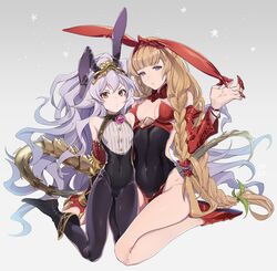  2girls animal_ears athena_(granblue_fantasy) bangs blonde_hair blunt_bangs boots bracelet braid breasts bunny_girl bunnysuit buttons choker crystal detached_sleeves eyebrows eyebrows_visible_through_hair feb_itk flat_chest gauntlets gloves granblue_fantasy hair_ornament hair_ribbon headband headgear jewelry kneeling lavender_eyes lavender_hair long_hair medium_breasts medusa_(shingeki_no_bahamut) monster_girl multiple_girls navel orange_eyes pantyhose pointy_ears rabbit_ears ribbon shiny shiny_clothes skin_tight tail tiara very_long_hair 