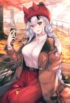  1girl absurdres autumn autumn_leaves bag bangs beanie belt belt_buckle bench bobblehat book breasts brown_coat buckle cellphone coat day eyebrows_visible_through_hair fate/grand_order fate_(series) ginkgo_leaf gu_luco handbag hat highres holding holding_cellphone holding_phone huge_filesize large_breasts light_rays long_hair long_skirt long_sleeves looking_at_viewer on_bench oni_horns open_clothes open_coat outdoors park park_bench parted_lips phone red_eyes red_headwear red_skirt shopping_bag silver_hair sitting skirt smartphone smile solo sunbeam sunlight sweater tomoe_gozen_(fate/grand_order) tree very_long_hair white_sweater 