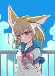  1girl absurdres alternate_costume animal_ear_fluff animal_ears bangs blonde_hair blue_sailor_collar blue_sky brown_eyes clouds commentary dress extra_ears fennec_(kemono_friends) fox_ears hair_between_eyes highres kemono_friends looking_at_viewer petit_ramune railing red_neckwear sailor_collar sailor_dress short_sleeves sky smile solo upper_body white_dress 