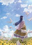  1girl absurdres animal bird blue_hair blue_sky clouds day dress facing_away field flock flower flower_field from_behind hair_flower hair_ornament hair_stick highres honzuki_no_gekokujou long_hair long_sleeves maine_(honzuki_no_gekokujou) nature off_shoulder older pantyhose scenery see-through seki_rice shawl shoes side_bun sky solo standing white_legwear wide_sleeves wind yellow_dress yellow_flower 