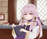  1girl book chair chirun0 fire_emblem fire_emblem:_three_houses hair_ornament holding holding_book long_hair long_sleeves lysithea_von_ordelia open_book pink_eyes sitting solo white_hair wide_sleeves 
