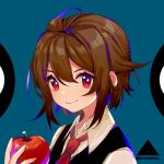  &gt;:) 1girl ahoge apple bangs black_vest blue_background blush brown_hair closed_mouth collared_shirt copyright_request eyebrows_visible_through_hair food fruit hair_between_eyes hand_up holding holding_food holding_fruit lowres prophet_chu red_apple red_eyes red_neckwear shirt smile solo symbol_in_eye twitter_username upper_body v-shaped_eyebrows vest white_shirt 