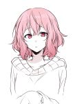  1girl absurdres benichiru collarbone highres long_sleeves looking_at_viewer niconico nqrse open_mouth parted_lips pink_eyes pink_hair short_hair simple_background solo sweater upper_body wavy_hair white_background 