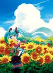  1girl aqua_eyes aqua_hair aqua_neckwear bare_shoulders belt black_legwear black_skirt black_sleeves blue_sky clouds commentary condensation_trail day detached_sleeves field flower flower_field grey_shirt hair_ornament hatsune_miku headphones highres holding holding_flower long_hair looking_down macha_3939 necktie outdoors pink_ribbon pleated_skirt ribbon shirt shoulder_tattoo skirt sky sleeveless sleeveless_shirt smile solo star_(sky) sunflower tattoo thigh-highs twintails upper_body very_long_hair vocaloid 